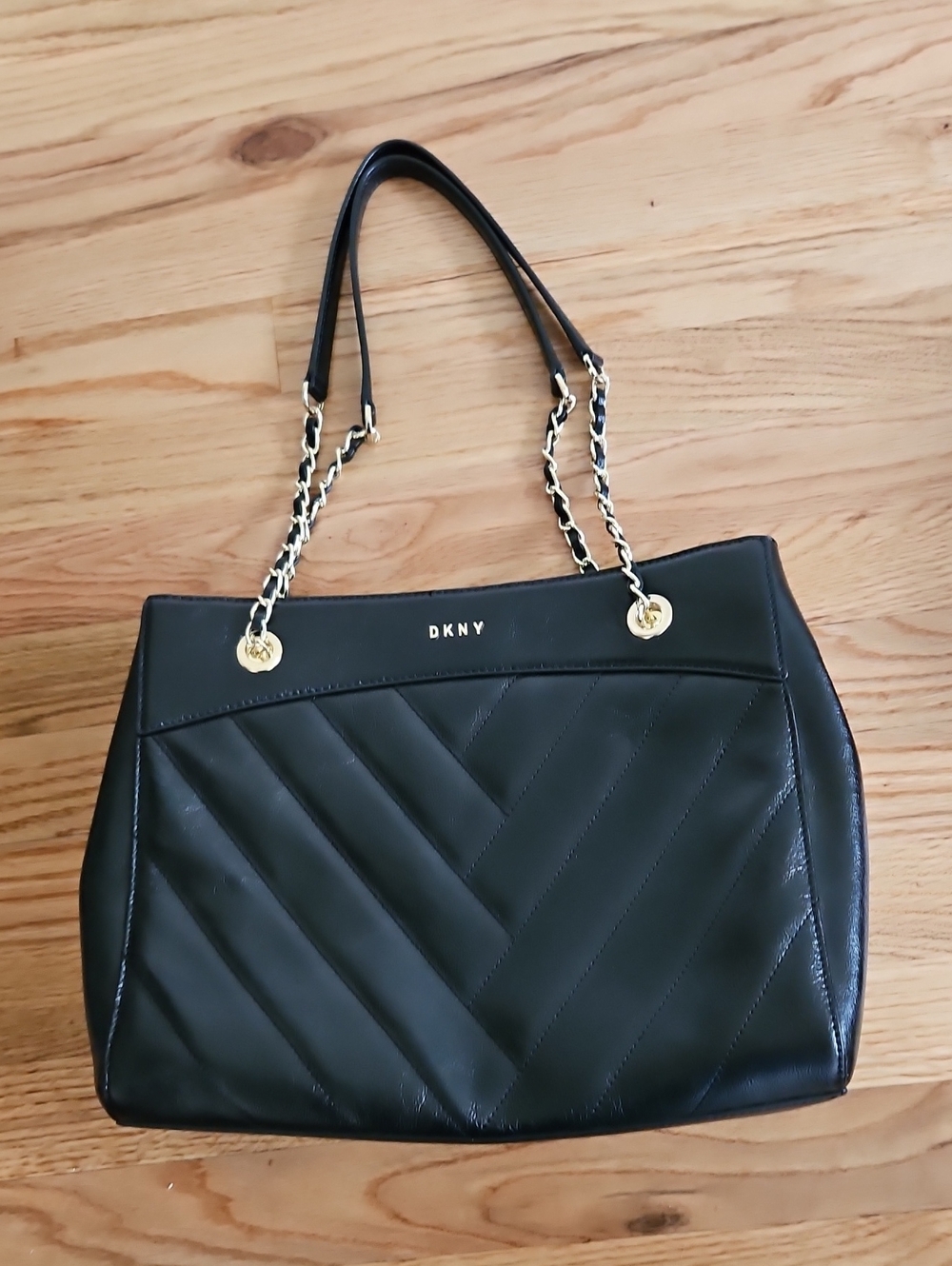 DKNY Black Quilted Shoulder Tote with Gold Chain Handles